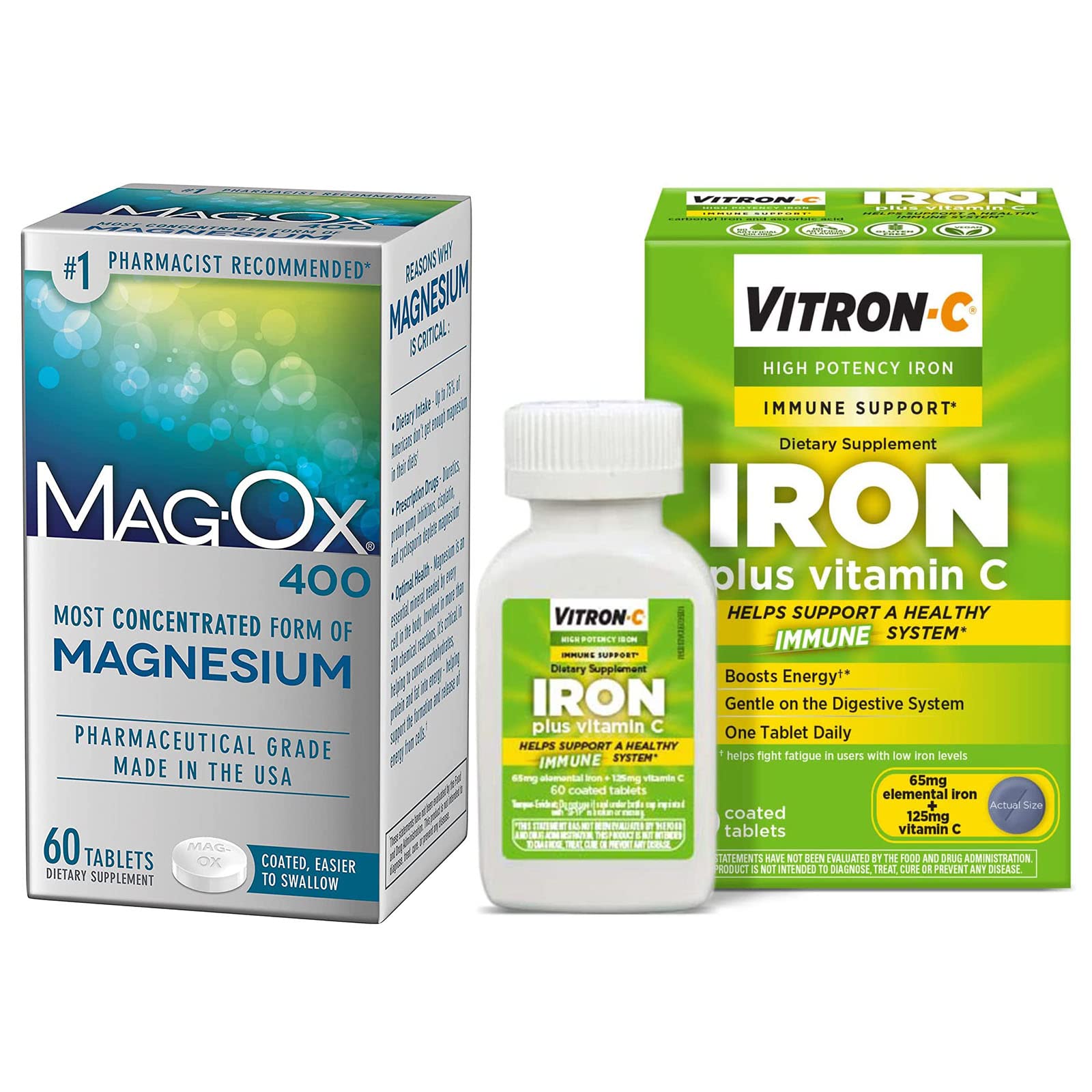 Vitron-C High Potency Iron Supplement, Immunt Support 60ct and Mag-Ox 400 Magnesium Mineral Supplement 60ct