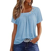 Womens Tops Loose Printed Asymmetric Neck Ladies Shirts Casual Blouses for Summer 2024 Tshirts with Buttons