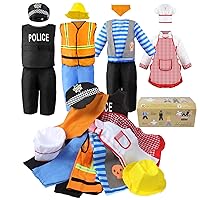 Boy's Dress Up Costumes Set, Role Play Set 11-pcs Dress Up Trunk Pirate, Chef, Construction Worker, Policeman Costume Fit Kids Girls Age from 3-6