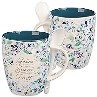 Christian Art Gifts Coffee and Tea Mug with Ceramic Spoon Set for Women: By Grace You Have Been Saved - Ephesians 2:8 Encouraging Bible Verse for Hot & Cold Beverages, Navy Blue/White Floral, 12 oz.