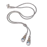NOVICA Handmade Gold Accent Blue Topaz Lariat Necklace Accented from Bali .925 Sterling Silver No Stone Pendant Indonesia Birthstone Gemstone 'Twin Sparkle'