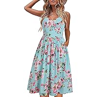 Women's V Neck Floral Summer Dresses Casual Party Spaghetti Strap A Line Swing Midi Sundress with Pocket