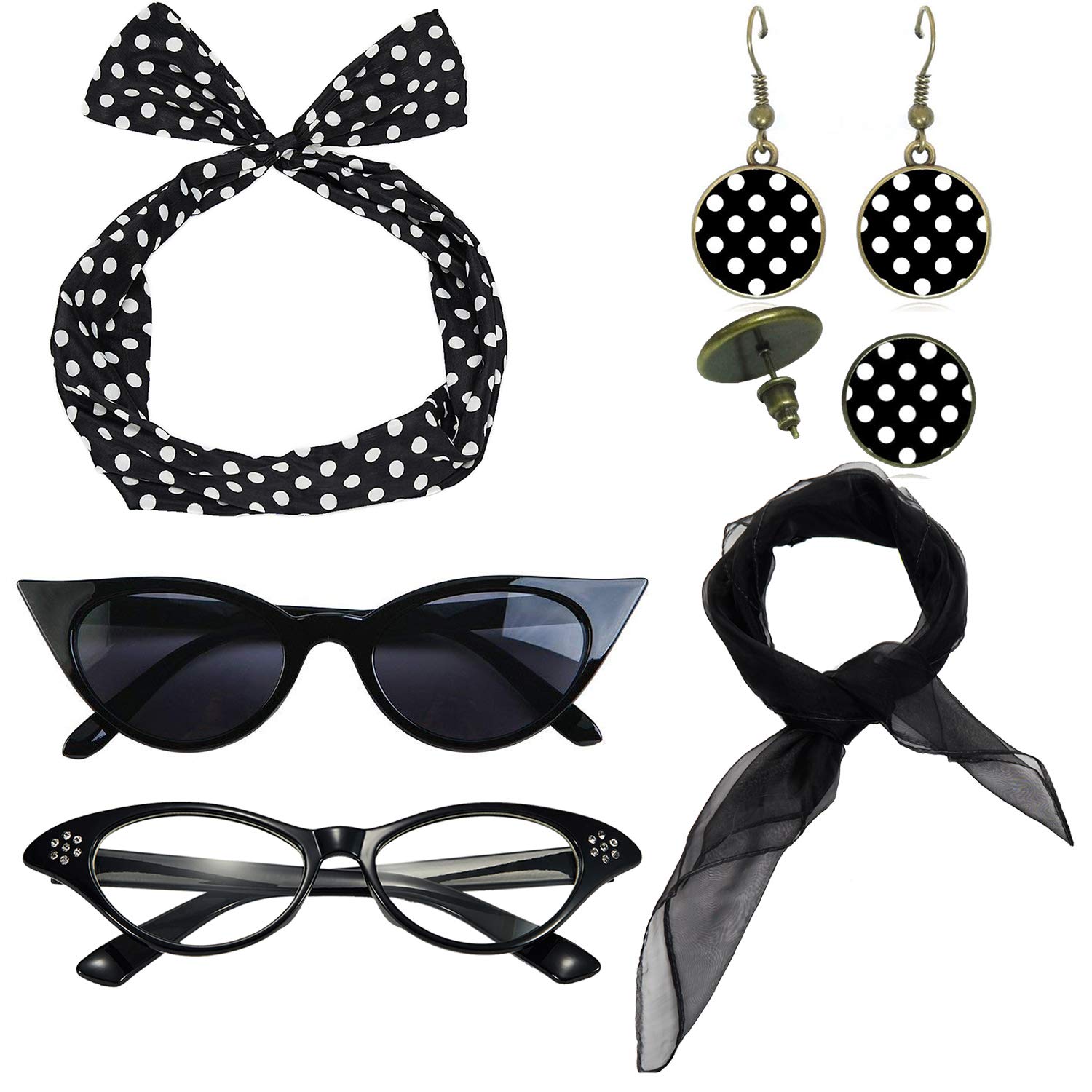 eforpretty 1950's Womens Costume Accessories - 50s Chiffon Scarf,Cat Eye Glasses,Bandana Tie Headband,Drop Dot Earrings