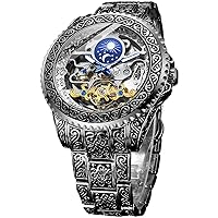 Retro Watch for Men Carved Self-Winding Mechanical Tattoo Tourbillon Moon Phase Independent Seconds Skeleton Automatic Big Dial Wristwatches