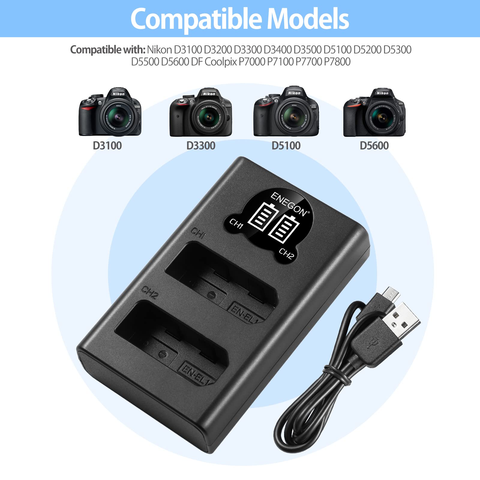 ENEGON EN-EL14 EL14a LCD USB Charger Compatible with Nikon D3100, D3200, D3300, D3400, D3500, D5100, D5200, D5300, D5500 Coolpix P7000 P7100 P7700 P7800 Cameras