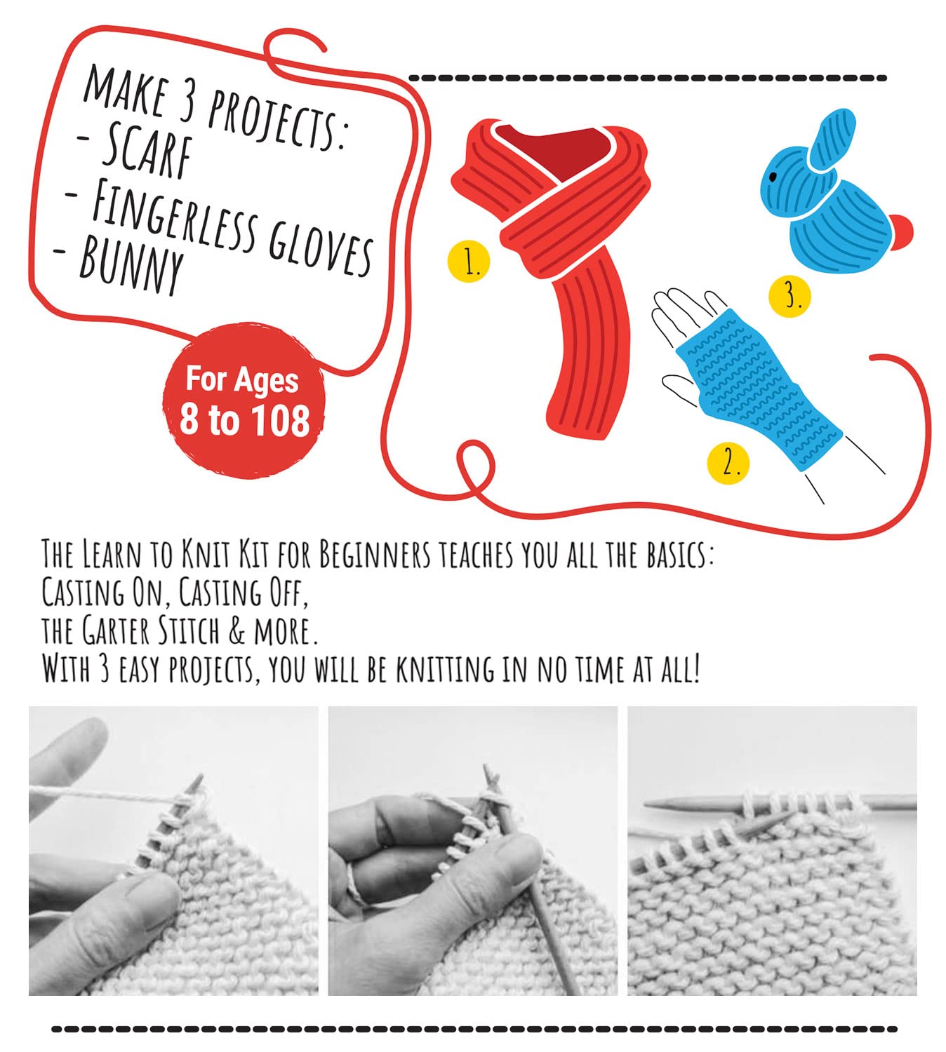 CraftLab Knitting Kit for Beginners, Kids and Adults Includes All Knitting Supplies: Wool Yarn, Wooden Knitting Needles, Yarn Needle and Instructions – Fantastic Gift