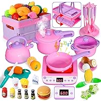 Play Kitchen Cooking Toys with Steam Pressure Pot, Induction Cooktop, Cooking Utensils, Play Cutlery, Cuttable Velcro Foods, Cookware, Shopping Basket, STEM, Learning Gift Christmas for Boys Girls