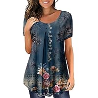 Summer Clothes for Women,Womens Vintage Floral Print Crewneck Ruched Short Sleeve Shirts Loose Button Down Tunic Tops