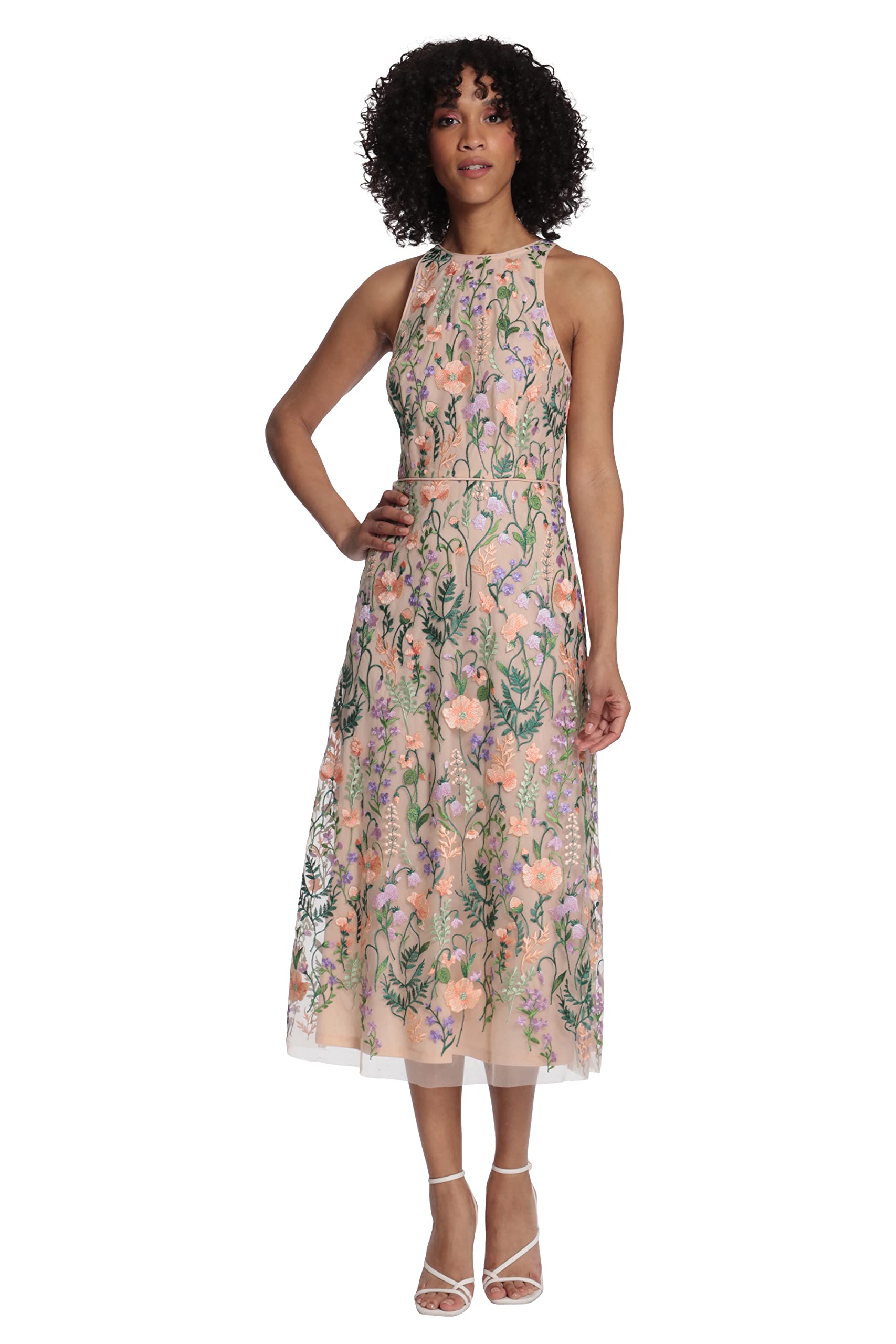 Maggy London Women's Floral Embroidered Halter Midi Dress with Back V-Neck