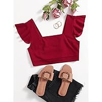 Women's Shirts Sexy for Women Square Neck Tie Back Ruffle Trim Crop Top Shirts for Women (Color : Burgundy, Size : X-Small)