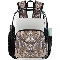 Paisley Brown Ethnic Clear Backpack Heavy Duty Transparent Bookbag for Women Men See Through PVC Backpack for Security, Work, Sports, Stadium