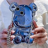 Cute Case Compatible with iPhone 14 Plus 6.7'', 3D Cartoon case Teddy Bear Sparkle Bling Cover with Metal Chain Strap Bell Pendant, Plating Soft TPU Shockproof Protective for Women & Girls (Purple)