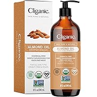 Cliganic Organic Sweet Almond Oil, 100% Pure (8oz) - for Skin & Hair, Nourishing Carrier Oil for Face & Body