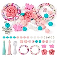 Flower Silicone Beadable O Rings Making Kit 65mm Silicone Ring Round Silicone Bead Loop with 2 Hole Butterfly Rose Focal Bead for DIY Keychain Hanging Ornament Jewelry Making 43Pcs