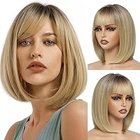 Honey Blonde Bob Wigs for Women, Blonde Hair with Dark Roots Bob Wig with Bangs Silky Soft Synthetic Fibers Wigs for Cosplay Daily Party Use(12 Inch, Ombre Honey Blonde)