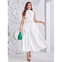 Dresses for Women - Keyhole Back Ruffle Hem Belted Dress (Color : White, Size : X-Small)