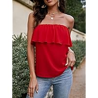 Women's Tops Sexy Tops for Women Women's Shirts Solid Ruffle Trim Tube Top (Color : Red, Size : X-Large)