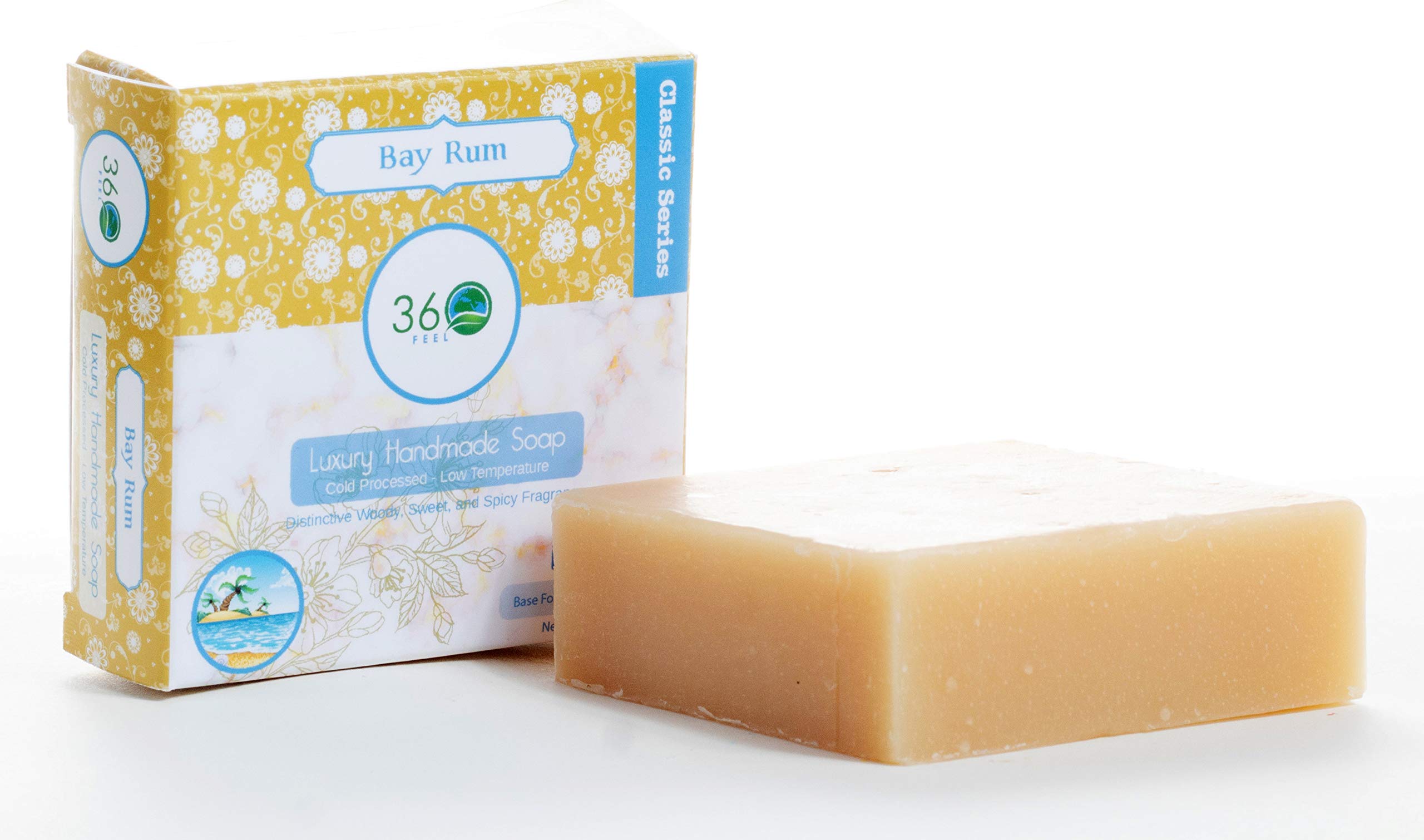 360Feel Bay Rum Soap - 5oz Handmade Mens Soap Bar with Natural Woodsy Sweet, Spicy Scent and Homemade Bay Rum Shaving Soap- Gift for Men - Castile Man Soaps bar - Gift ready