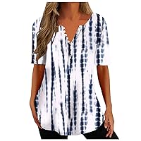 Women Loose Fit Tops Casual V Neck Blouses Short Sleeve Basic Tunic Top Button Up Henley T Shirt Fashion Tee