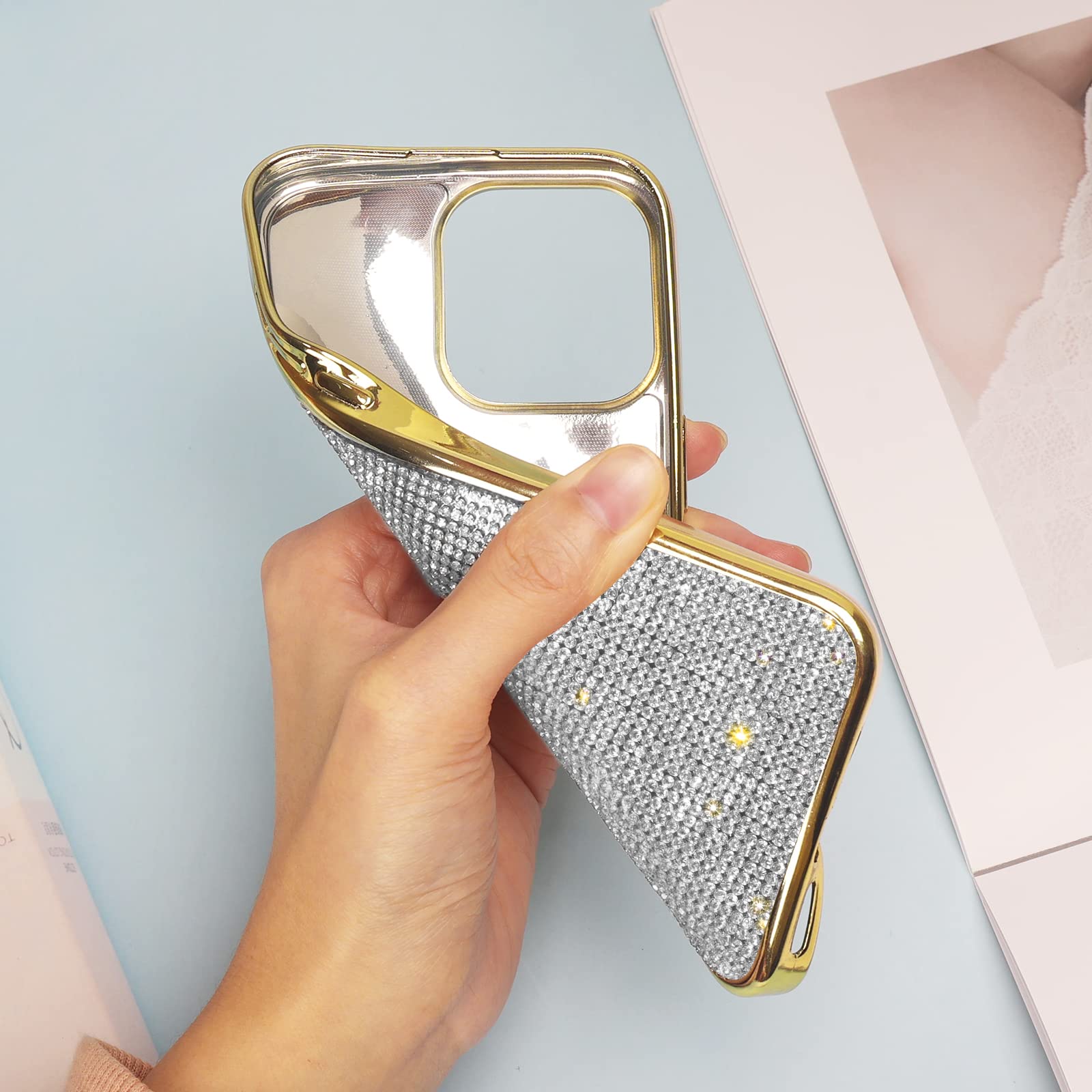 LUVI Compatible with Cute iPhone 14 Pro Max Bling Diamond Case Glitter for Women 3D Rhinestone Crystal Shiny Sparkly Protective Cover with Electroplate Plating Bumper Luxury Fashion Case Gold