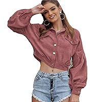 Andongnywell Women Long Sleeve Classic Loose Buttons Jacket Retro Fashion Casual Loose Corduroy Overcoats (Pink,Large)