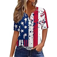 4Th of July Outfits for Women,Women's T Shirt V-Neck Short Sleeve Tee Independence Day Print Button Basic Top