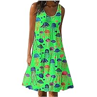 Cute Jellyfish Print Beach Sundress Women's Summer Funny Sea Animals A-Line Dresses Hawaiian Style Flowy Mini Dress