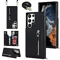 Crossbody Wallet Case for Galaxy S23 Ultra with Card Slot Holder Zipper Pocket Detachable Crossbody Lanyard Strap for Women Girls Flip Leather Magnetic Clasp Kickstand Square Phone Cover Black