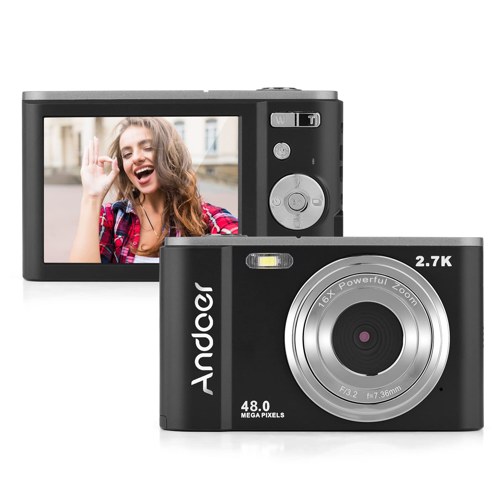 Andoer Portable Digital Camera 48MP 2.7K 2.88-inch IPS Screen 16X Zoom Auto Focus Self-Timer 128GB Extended Memory Face Detection Anti-Shaking with 2pcs Batteries Hand Strap Carry Pouch
