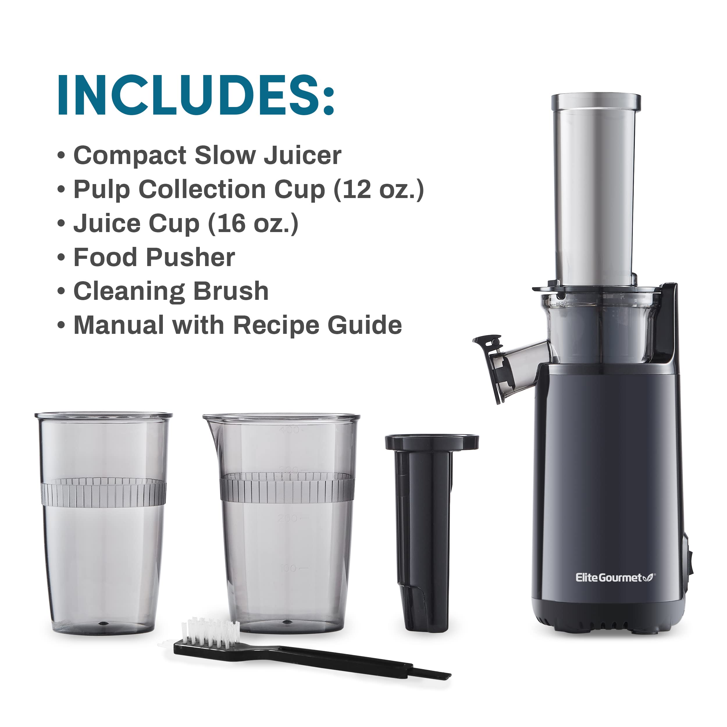 Elite Gourmet EJX600 Compact Small Space-Saving Masticating Slow Juicer, Cold Press Juice Extractor, Nutrient and Vitamin Dense, Easy to Clean, 16 Oz Juice Cup, Charcoal Grey