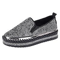 Platform Boots Women's Sparkly Fashion Sneakers Rhinestone Slip on Womens Chunky Loafers