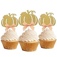 Pumpkin Cupcake Toppers with Peach Bow 24pcs Kit | Cake Decoration Set for Thanksgiving Feast, Autumn/Fall Theme, Baby Shower, Halloween | Thanksgiving Party Supplies