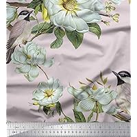 Soimoi Valvet Pink Fabric - by The Yard - 58 Inch Wide - Leaves, White Floral & Bird Textile - Botanical Harmony with Elegant Florals and Whimsical Birds Printed Fabric