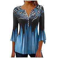 Womens 3/4 Length Sleeve Tops Casual Button Down Printed Shirts Loose Fit Three Quarter Length Flare Sleeve Blouses