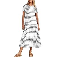 MITILLY Women's 2024 Summer Casual Short Sleeve T Shirt Dress Striped Tiered Swing Beach Maxi Dresses with Pockets