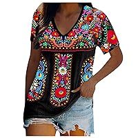 Women's Summer Boho Embroidery, Mexican Bohemian V Neck Shirts for Women, Ethnic Style Print Loose Fit Shirt Tunic Tops