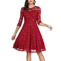 JASAMBAC Cocktail Dresses for Women Wedding Guest 3/4 Sleeve A Line Floral Lace Dresses Wine Red XXL