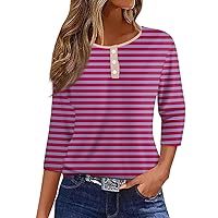 3/4 Sleeves Tops for Women Henley Neck Striped T Shirts Dressy Casual Button Down Crewneck Tee Trendy Summer Blouse