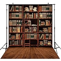 Allenjoy 5x7ft Vintage Bookshelf Backdrop Library Retro Bookcase Ladder Wood Floor Photography Background for Students Teachers Online Teaching Back to School Decor Banner Portrait Photo Booth Props