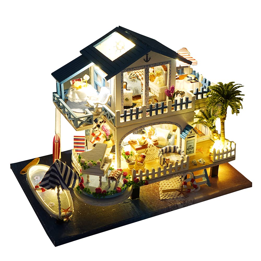 WonDerfulC Miniature Wooden Dollhouse Japanese/Seaside/Car House Market DIY Doll House Kit Villa Building 3D Model Creative Gifts for Friend and Parents (Seaside Villa) TC series