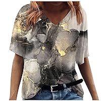 Summer Outfits For Women,Women Retro Marble Printed V Neck Short Sleeve Shirt Lightweight Soft Summer Outfits Clothes