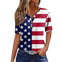 Independence Day Shirt for Women Henley V Neck Short Sleeve Flag Printed Tops 4Th of July Patriotic Shirts for Women