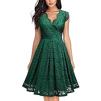 Women's Lace Dress,Waisted V Neck Dresses Knee Length Party Dress,Slim Bridesmaid Cocktail Wedding Dress-Green Medium