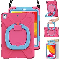 BRAECN iPad 6th/5th Generation Case with Pencil Holder, 360 Degree Multi-Function Grip, Stable Kickstand, Carrying Strap, 3-Layer Heavy Duty Silicone Case Compatible with iPad Pro 9.7/Air 2-Rose+Blue