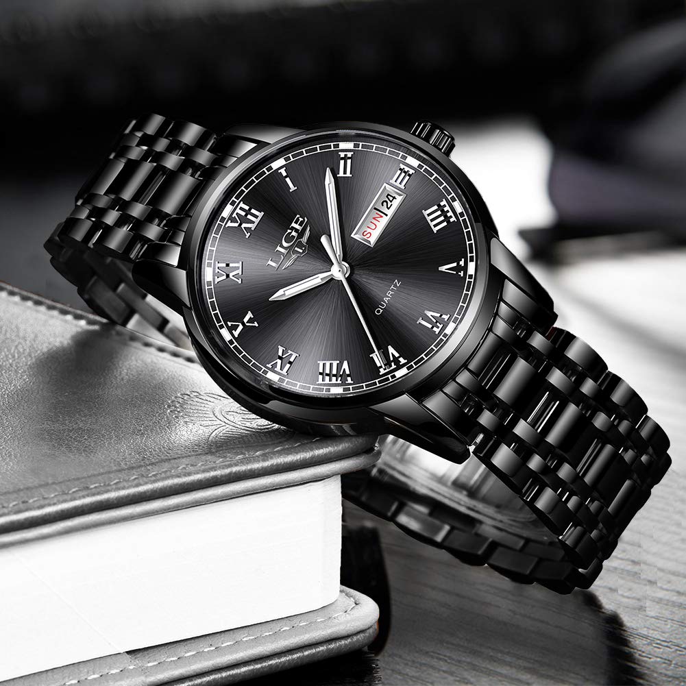 LIGE Herren-Armbanduhr, wasserdicht, Edelstahl, Schlichtes Design, analog, Quarzuhr für Herren, Business Casual Datum, Armbanduhr für Herren