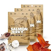 Kaimana Jerky Wild Caught Salmon Jerky - Organic Gourmet Smoked Dried Fish Strips Rich in Omega-3 & Protein - Low-Calorie Seafood Snack with No Gluten, Less Sodium & Sugar - Original Flavor - 3/2oz Pack