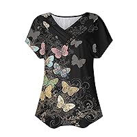 Pop Hem Office Top Female Short Sleeve Autumn Fit V Neck Tshirt for Ladies Polyester Comfortable Print Buttons Grey S