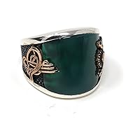 925 Sterling Silver Emerald Agate Stone Coat of Arms Ottoman Men's Ring -US K64P