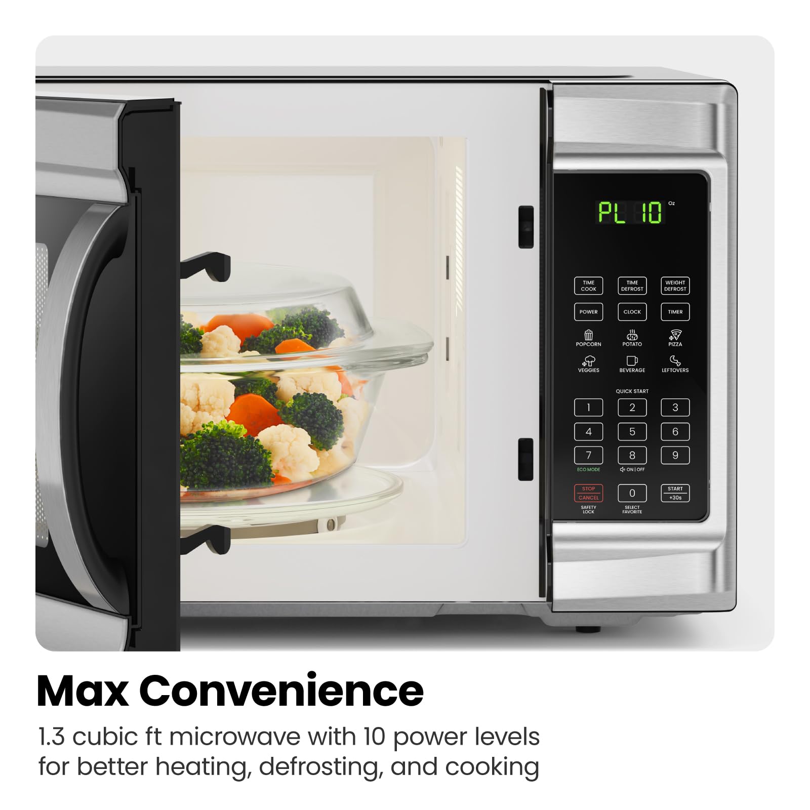 Chefman Countertop Microwave Oven, 1.3 Cu. Ft. Digital, Stainless Steel, 1000 Watts, with 6 Auto Menus, 10 Power Levels, Eco Mode, Memory, Mute Function, Child Safety Lock, Easy Clean Microwave Ovens