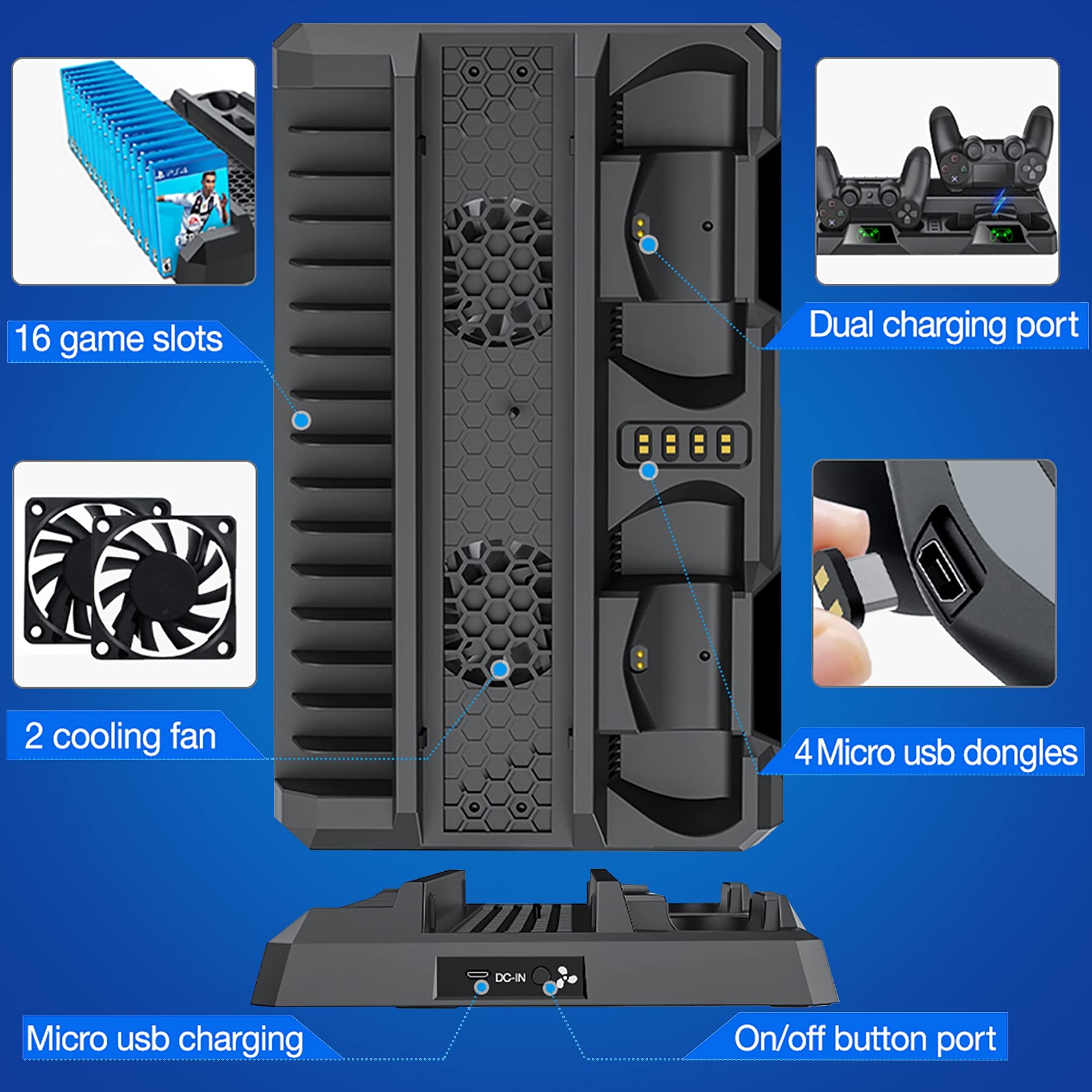 Kawaye PS4 Stand Cooling Fan for PS4 Slim/PS4 Pro/Playstation 4, PS4 Vertical Stand Cooler with Dual Controller Charge Station & 16 Game Storage, PS4 Organizer Stand with Game Storage PS4 Accessories